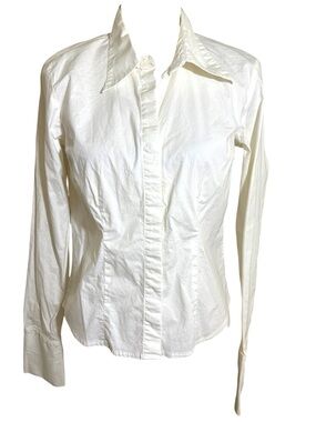 Women’s At Last White Cotton Longsleeve Collared Fitted Button Shirt Sz Large